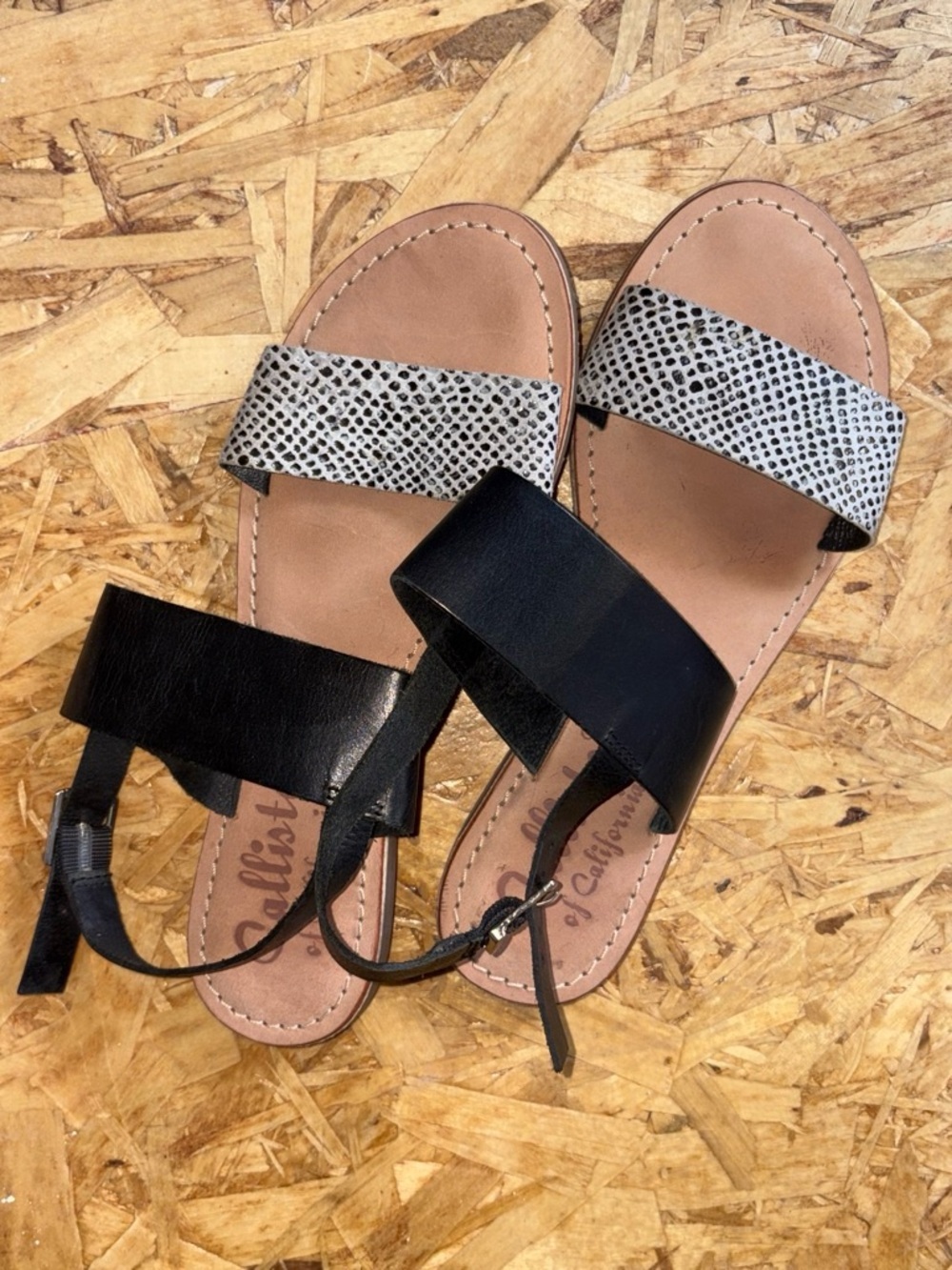 Callisto Black & Snake-Print Strappy Slide Sandals - Genuine Leather